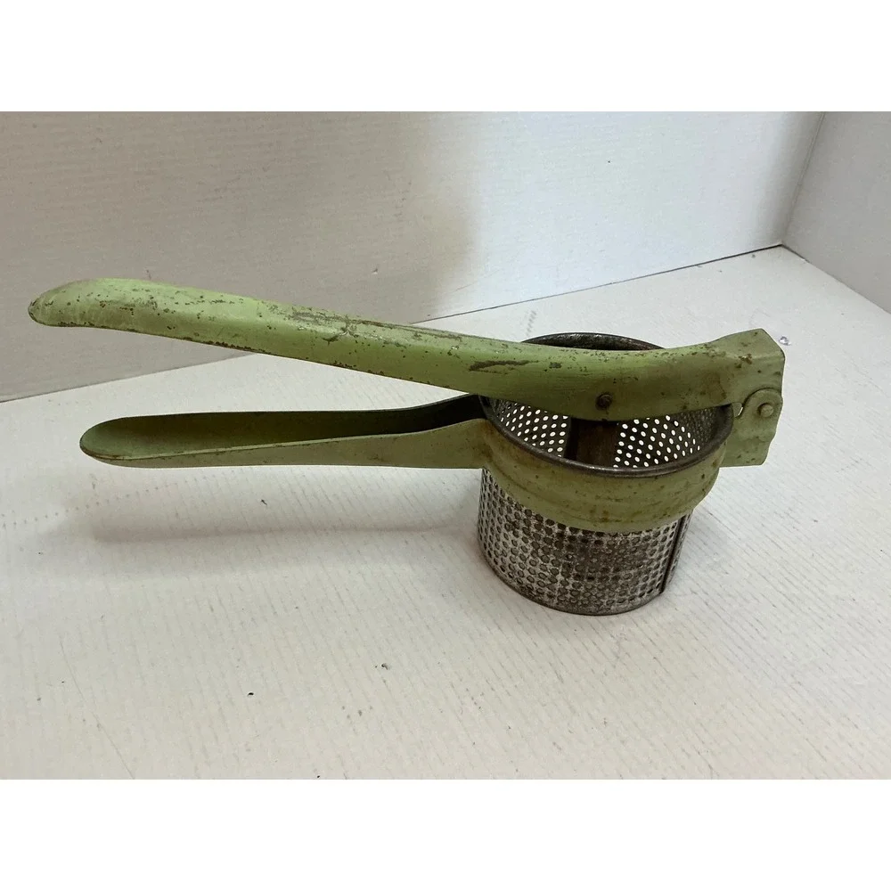 Vintage Potato Ricer Green Metal Hand Press Fruit Masher Farmhouse